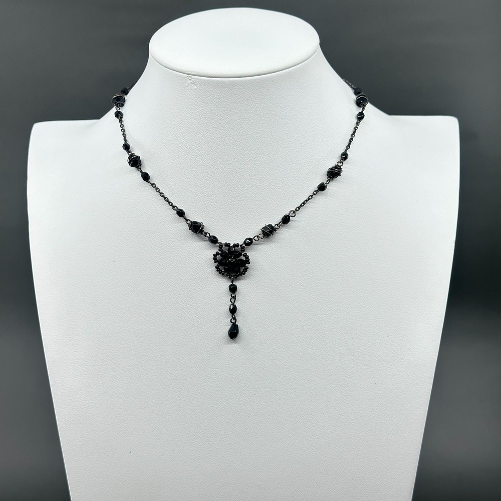 Black Faceted Bead Y Necklace Gunmetal Wire Wrapped Gothic Victorian Vintage